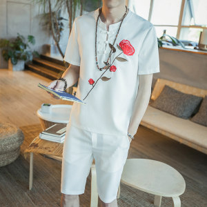夏季男士立领亚麻五分袖衬衫男韩版休闲纯色短