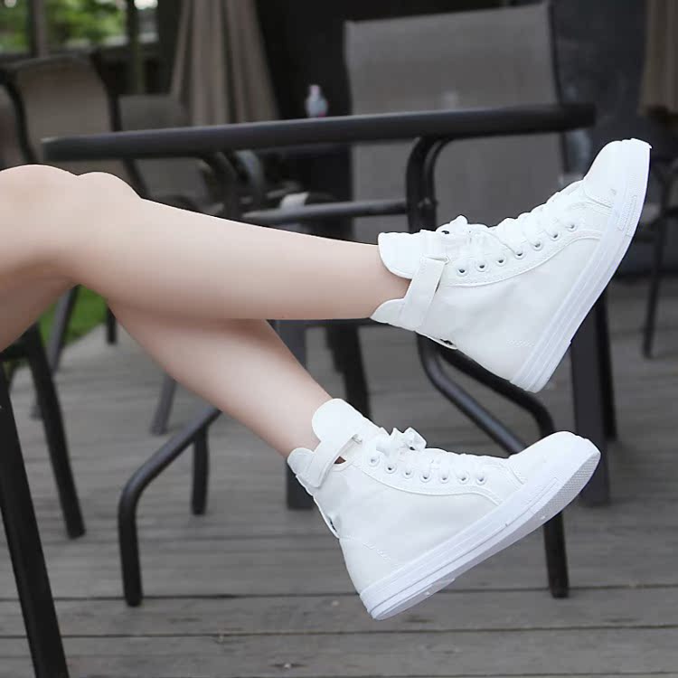 2015秋高帮白色帆布鞋女休闲平底护士鞋内增高学生简约小白鞋单鞋