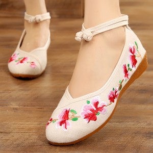 芙蓉花拖鞋 帆布拼亚麻民族风老北京绣花女士