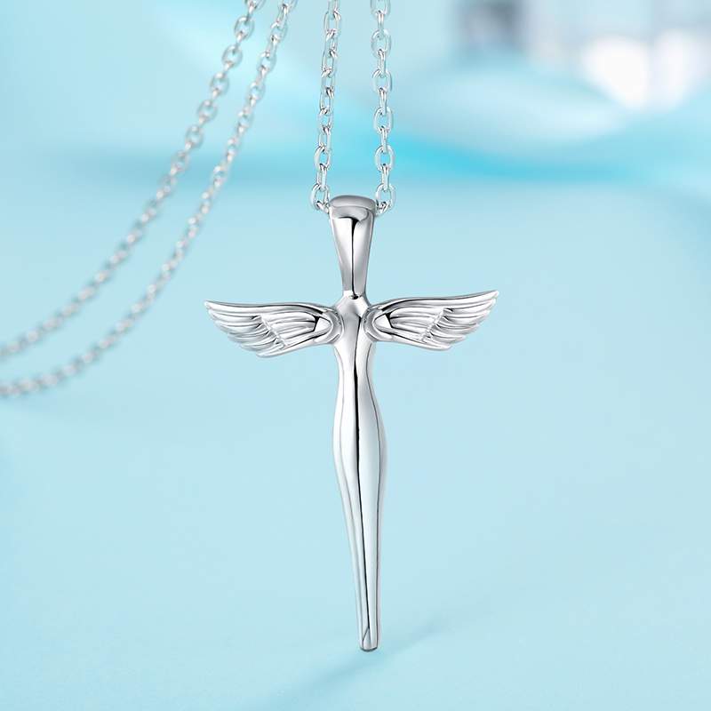 925纯银天使翅膀项链女锁骨链十字架守护天使吊坠送女友生日礼物
