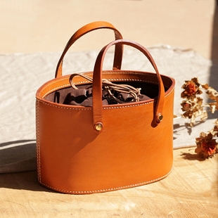 日式轻复古手工真皮水桶包植鞣皮手拎女包文艺范定制牛皮手提包女