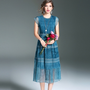 壹品服饰2017春夏新款欧洲站女装真丝连衣裙圆领拼色修身沙滩裙