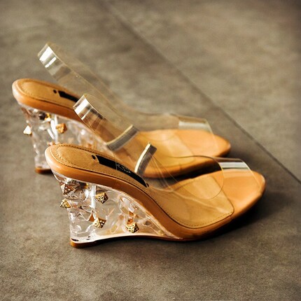 百搭夏季水晶鞋女水钻高跟鞋鱼嘴鞋坡跟鞋透明凉鞋2018新款女鞋子